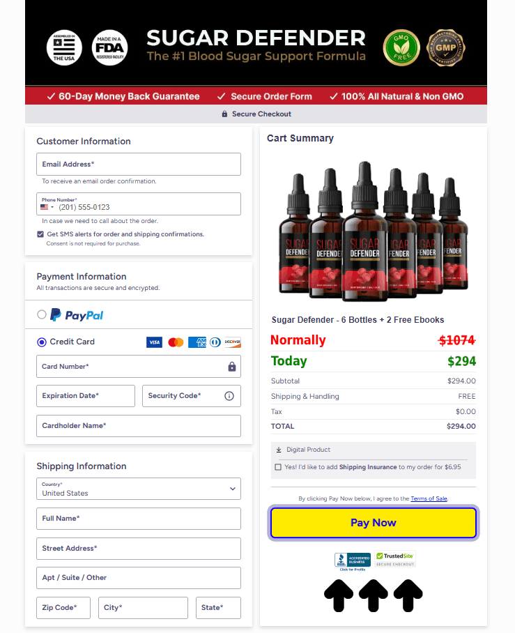 Secure 256-bit encrypted checkout for Sugar Defender orders checkout page 